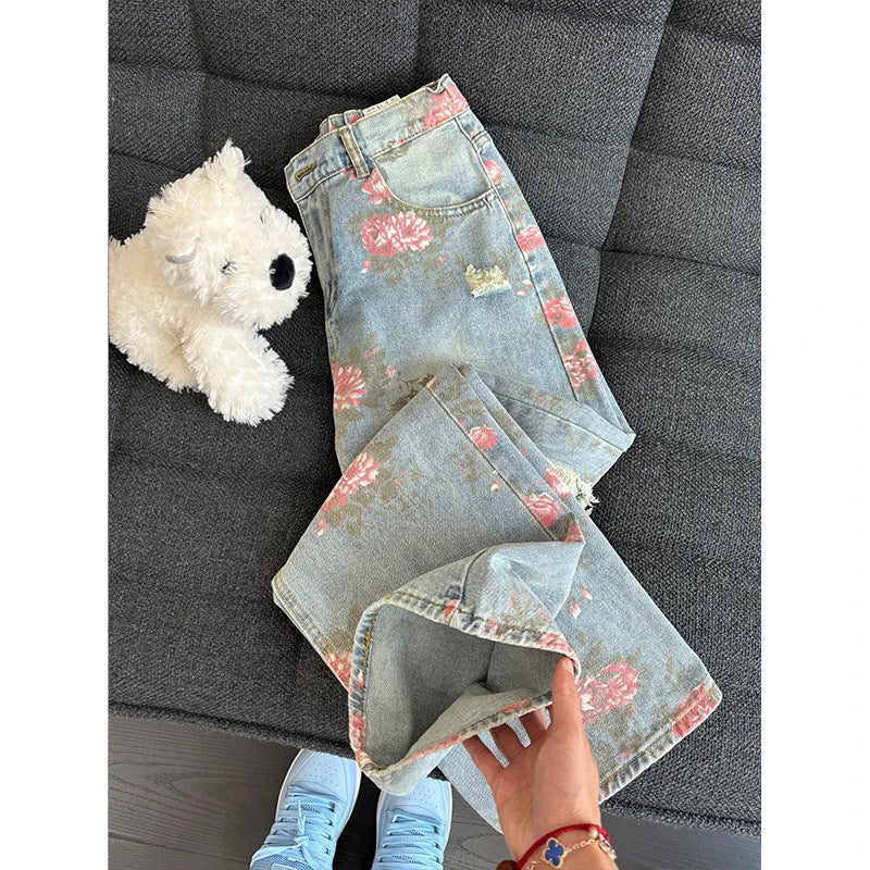 Floral Ripped Denim Full Print Casual Pants