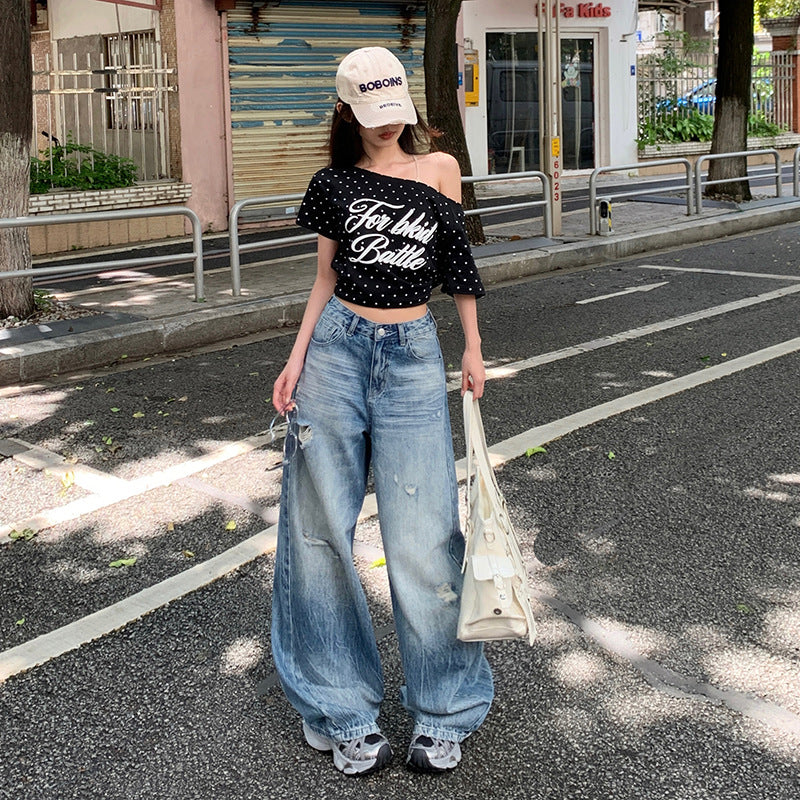 Trendy Ripped Denim Pants for Women - High Waist Loose Fit Straight Leg