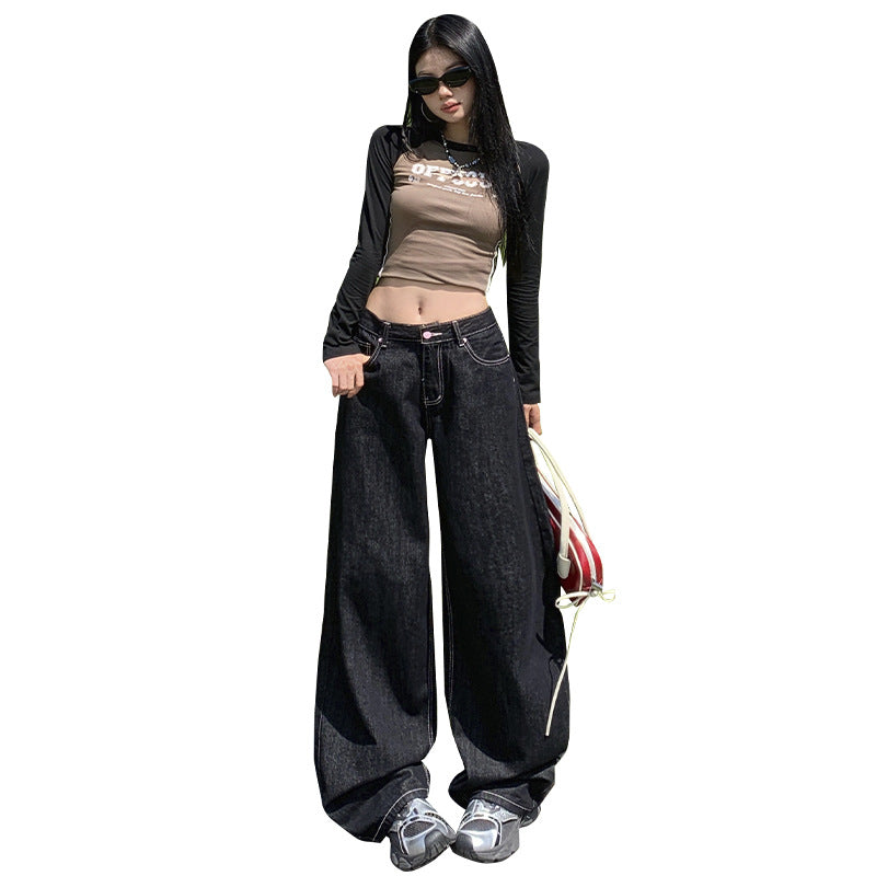 Heart Print Wide Leg Jeans - Women's High Waist Casual Pants