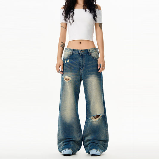 Washed Retro Blue Denim Loose Casual Straight Leg Pants