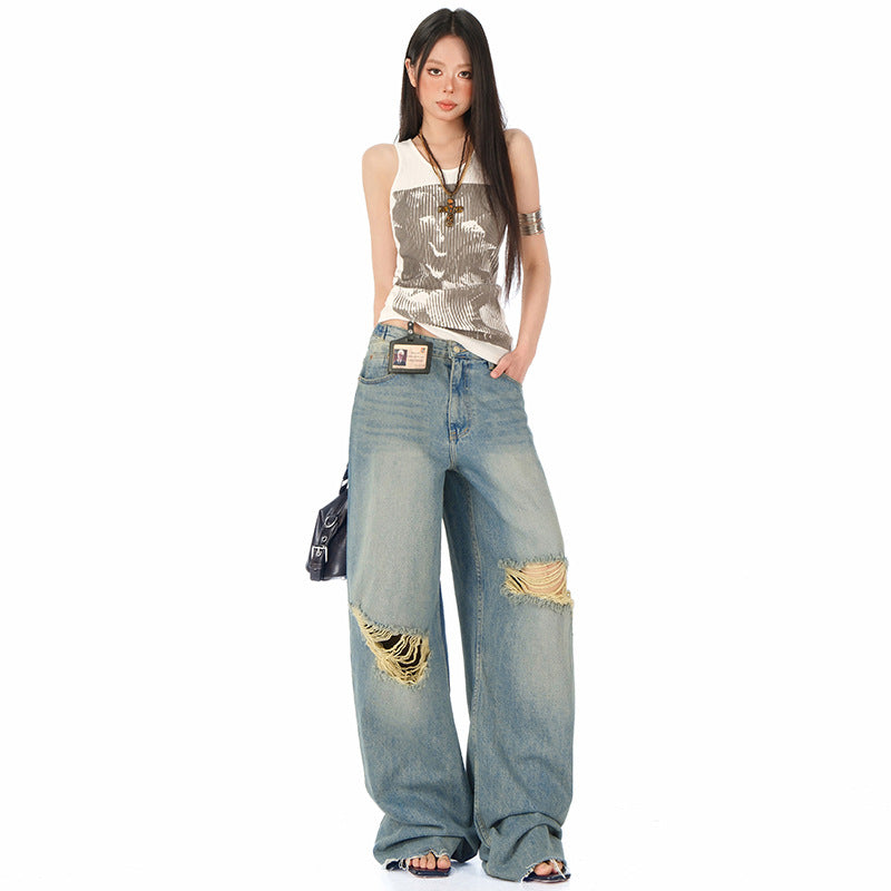 Women's Blue Distressed Straight Jeans - High Waist Loose Wide Leg Pants