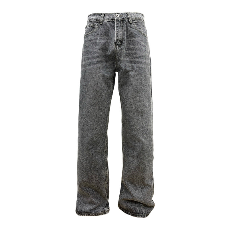 Retro Washed Vintage Smoky Gray Denim Pants - Unisex Trendy Loose Straight Leg All-Match Long Pants