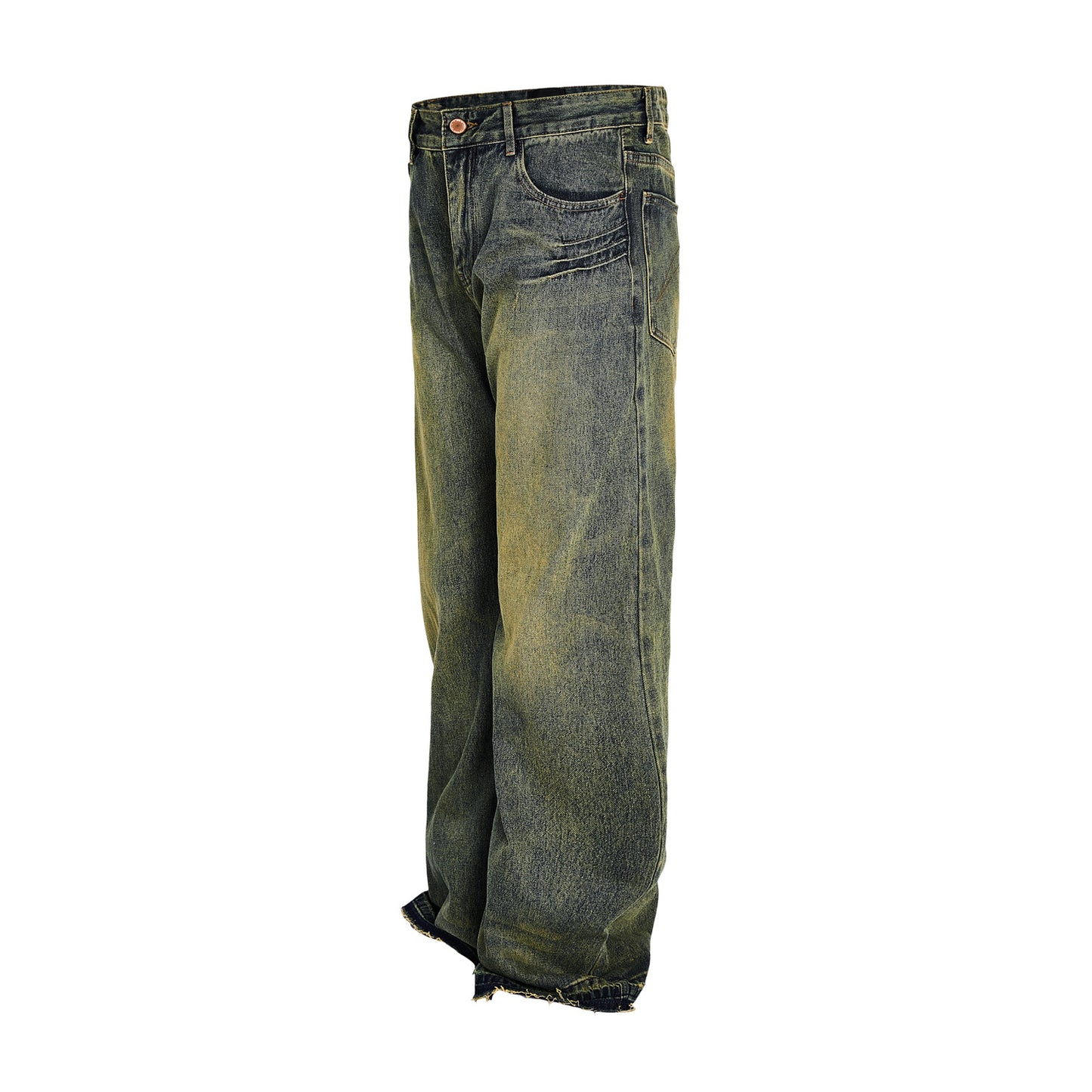 Washed Distressed Wide-Leg Long Jeans with Cuffed Hem