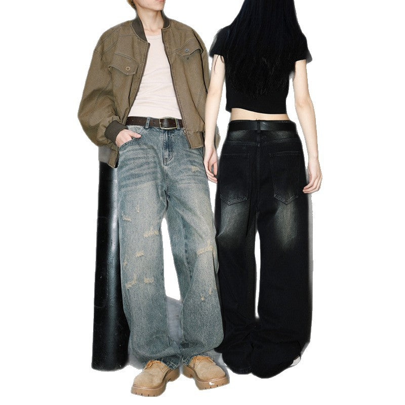 Semi Elastic Waist Denim Straight Leg Loose Casual Pants