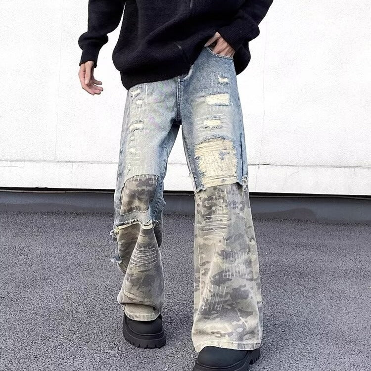 Retro Camouflage Fashion Destructive Micro Lacquer Work Clothes Jeans