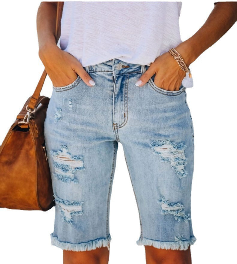 Women's Ripped Tassel Denim Shorts - Trendy Summer Style