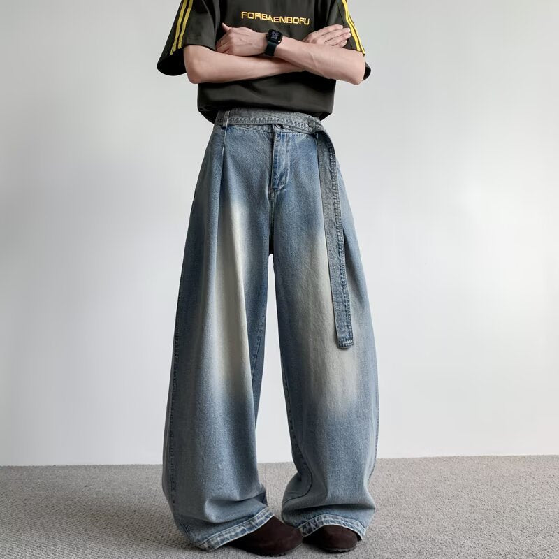 Strap Silhouette Wide Leg Curved Waist Belt Straight Leg Jeans