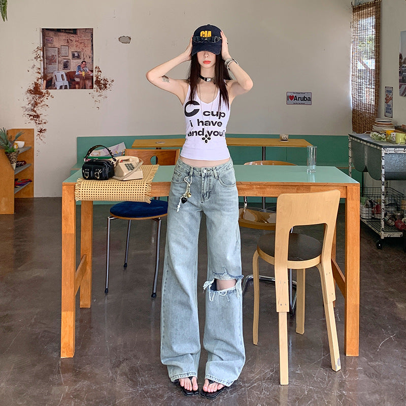 Light Blue Distressed Wide-Leg Jeans for Women - Retro Loose Straight Pants