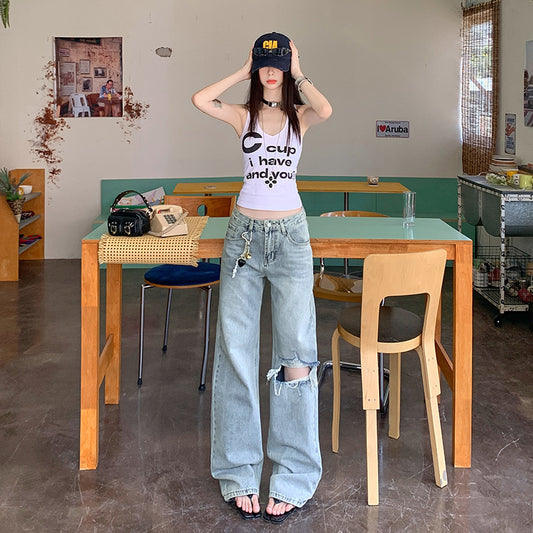 Light Blue Distressed Wide-Leg Jeans for Women - Retro Loose Straight Pants