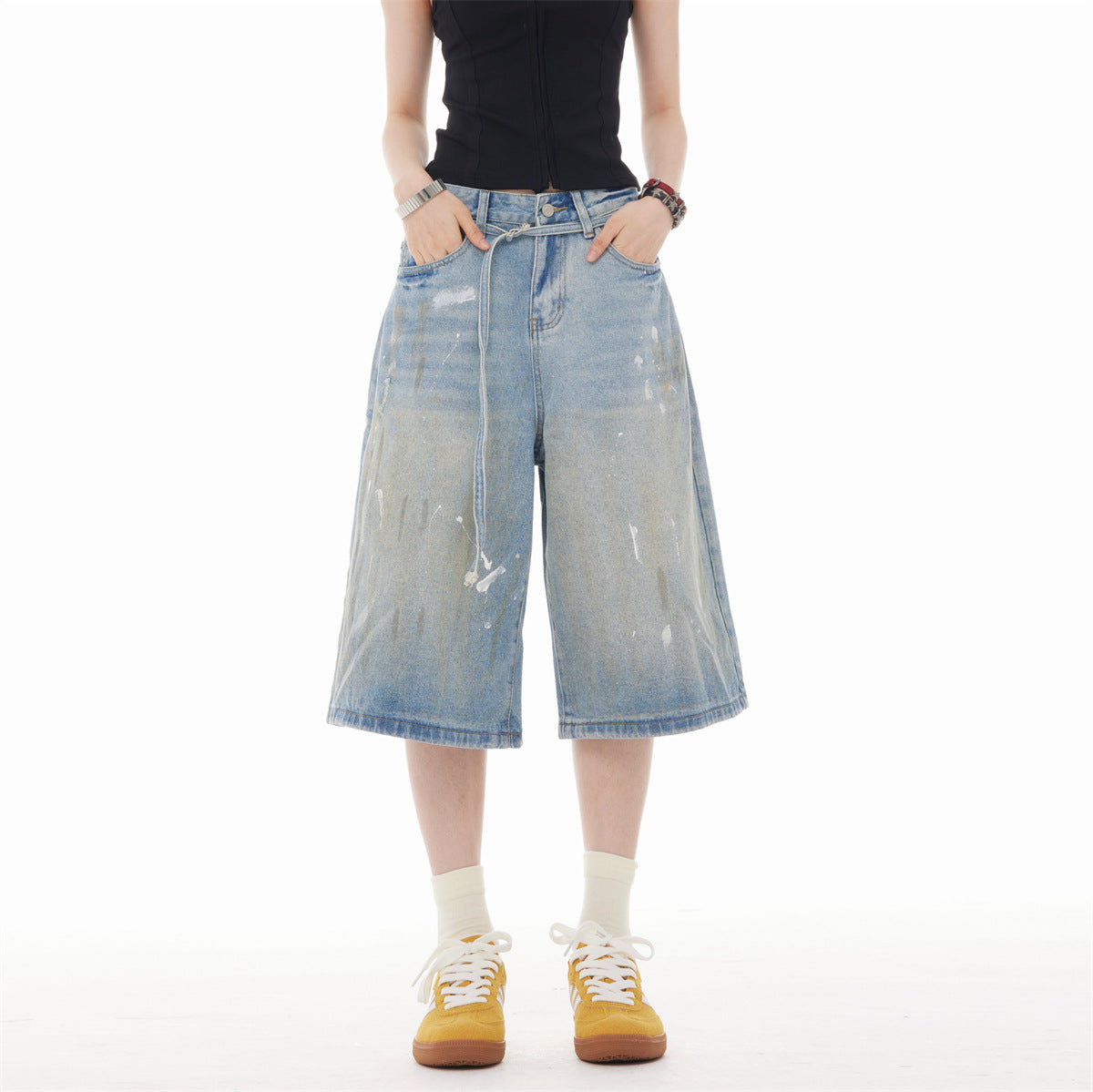 Retro Splashed Ink Design Denim Cropped Shorts