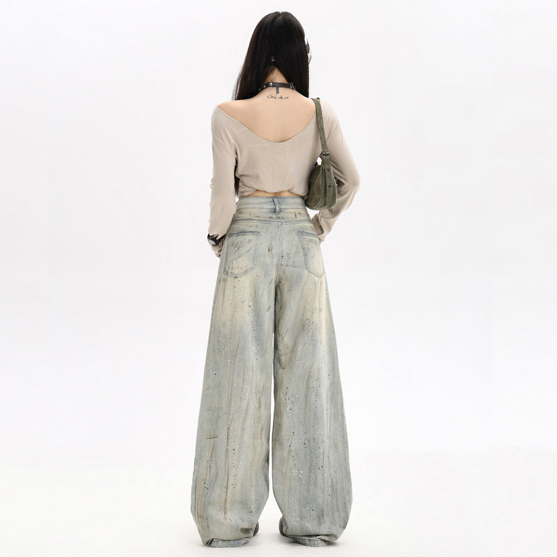 Spicy Girl Splatter Paint Graffiti Denim Pants for Women - Loose Slim High Waist Distressed Wide Leg Trousers