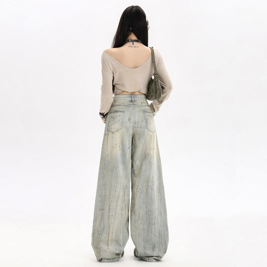 Spicy Girl Splatter Paint Graffiti Denim Pants for Women - Loose Slim High Waist Distressed Wide Leg Trousers