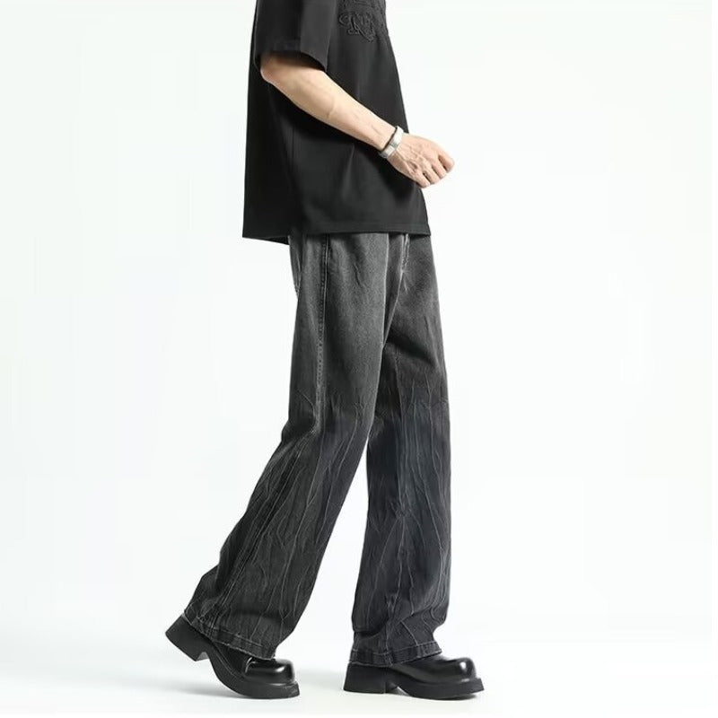 Retro Washed Gradient Denim Micro Flared High Street Wide Leg Pants