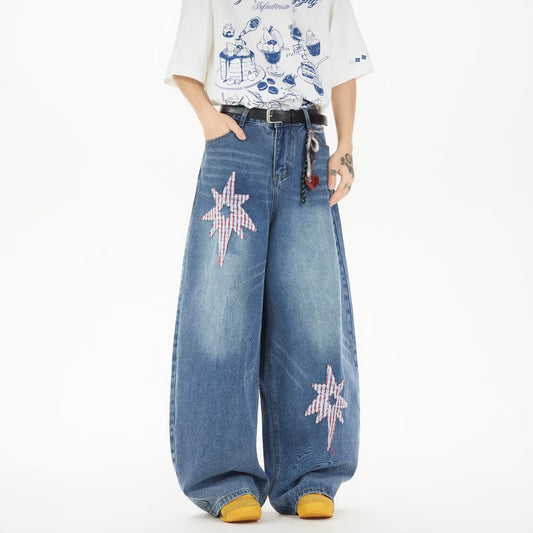 Retro Star Patch Embroidered Denim Wide Legged Casual Pants