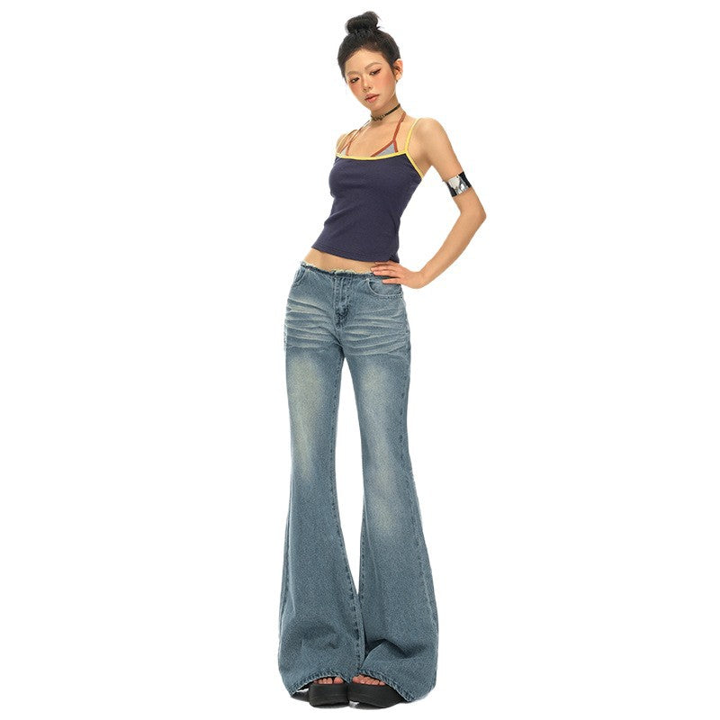 Retro Blue Low-Waist Spicy Girl Denim Pants for Women - Slim Fit Flare Jeans