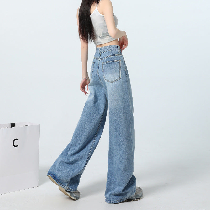 Washed Vintage Wide-Leg Jeans for Women - High-Waist Slimming Loose Fit Trousers