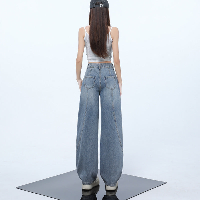 Retro Blue High-Waisted Flared Denim Pants for Women - Summer Loose Fit