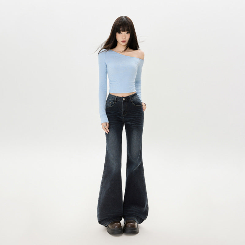 Style Flared Denim Pants for Women - Low Waist, Slim Fit, White Washed Pants