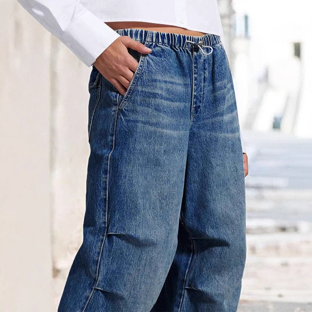 Mid Waist Wide Leg Pleated Loose Jeans - Women's Street Retro Straight Leg Pants