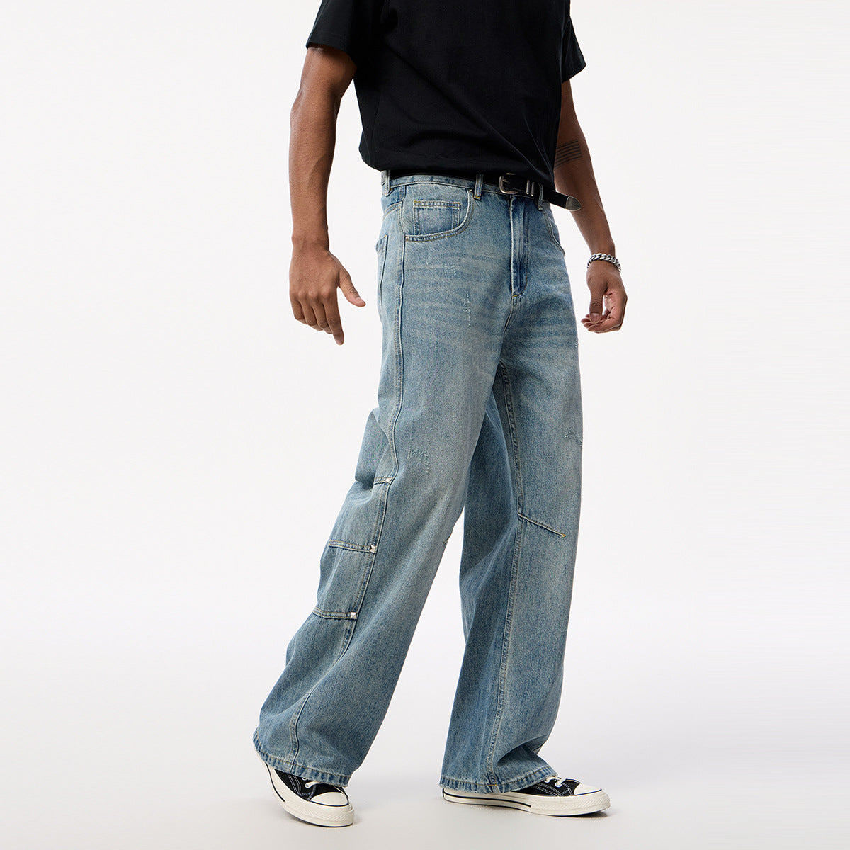 Irregular Three-Dimensional Straight Tube Workwear Denim Pants for Men