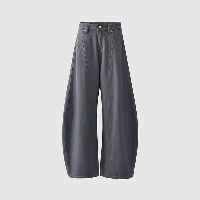Women's Deep Gray Loose Wide-Leg Work Pants with Splicing and Knife-Edge Design
