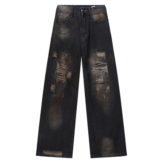 Washed Mud-Dyed Ripped Jeans - Men's Loose Wide-Leg Pants