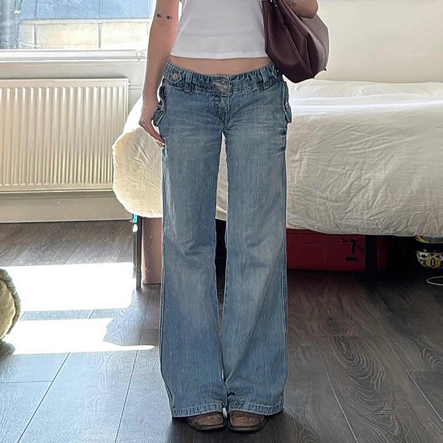 Washed Retro Blue Denim Wide Leg Slim Fit Low Waist Pants