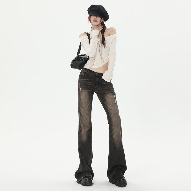 Women's Grey Brown Spicy Girl Flare Denim Pants - Low Waist Flared Trousers