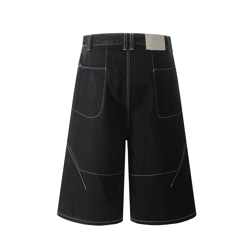 Loose Denim Shorts with Visible Thread Decoration - Black