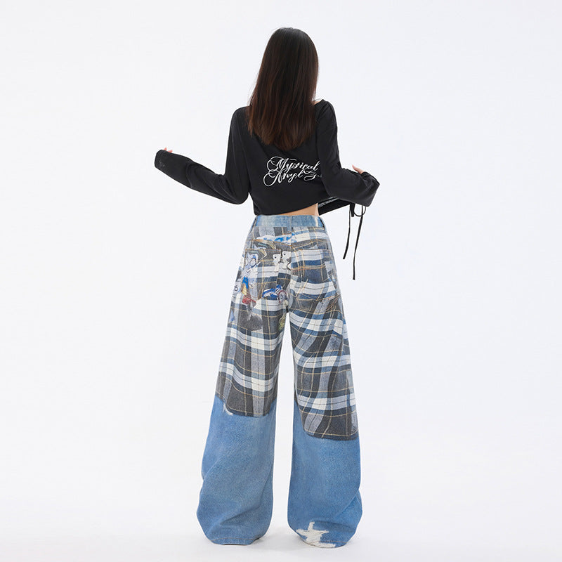 Trendy Women's Belted Printed Denim Straight Leg Trousers