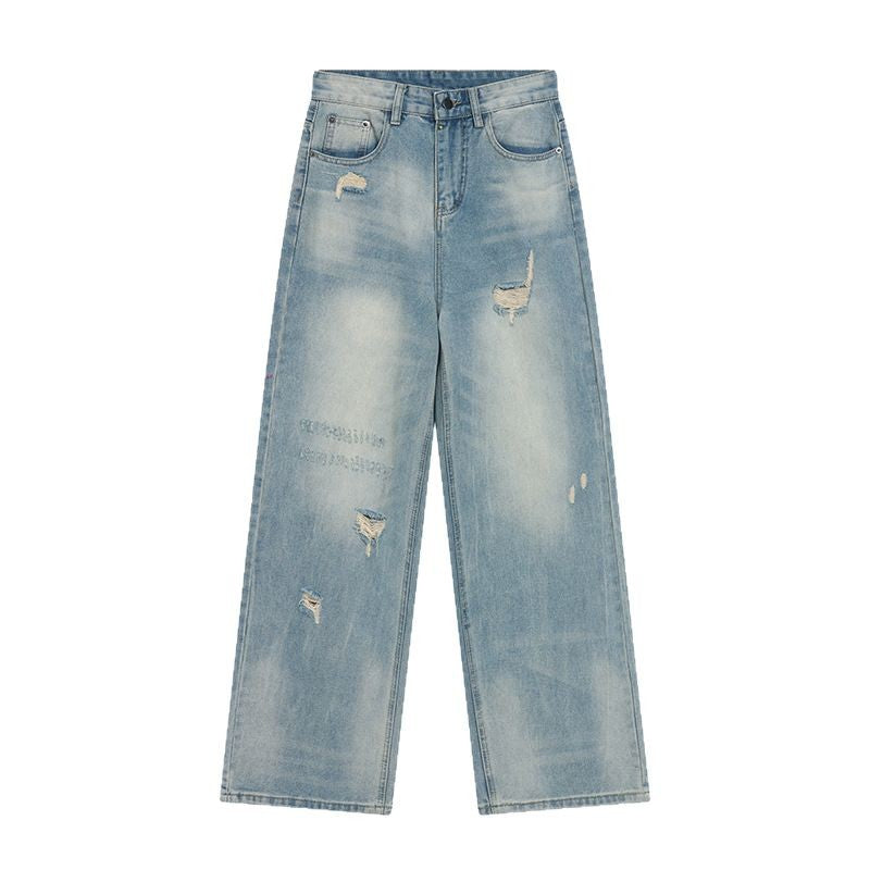 Retro Distressed Washed Ripped Jeans for Women - Loose High Waist Slim Wide Leg Floor-Length Pants