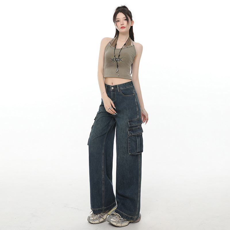 Street Retro Wide-Leg Jeans for Women - High-Waist Loose Straight Leg with Multi-Pocket Design