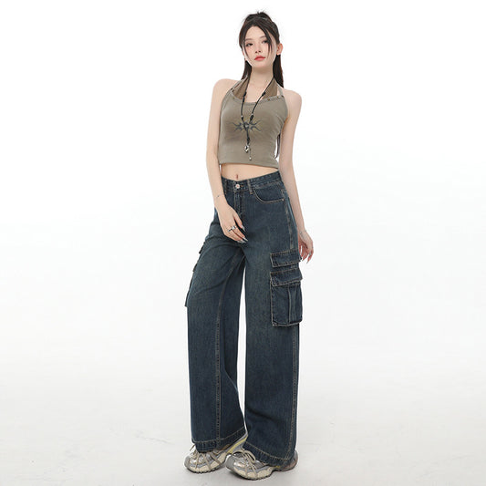 Street Retro Wide-Leg Jeans for Women - High-Waist Loose Straight Leg with Multi-Pocket Design