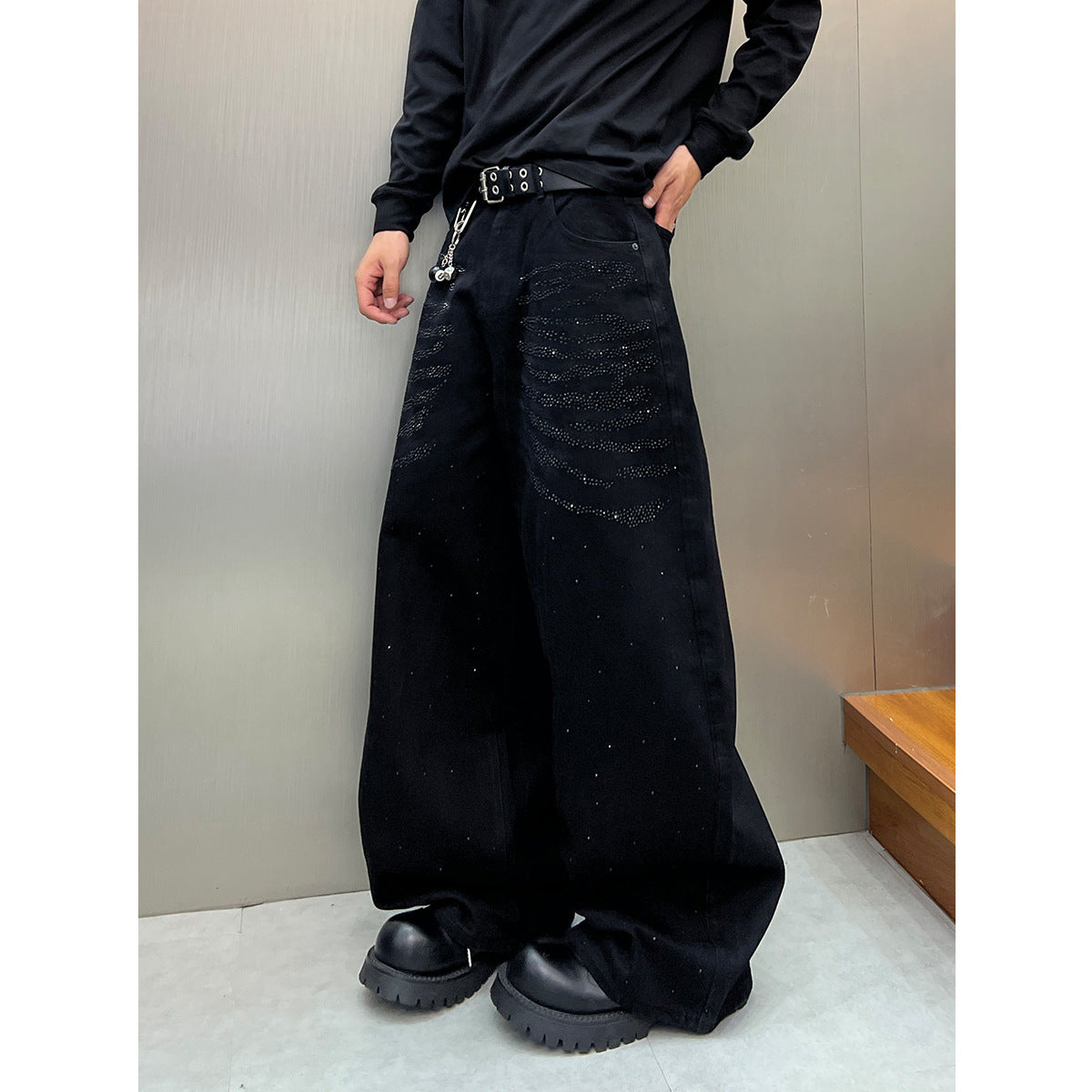 Washed Rhinestone Design Denim Pants with Loose Wide Legs