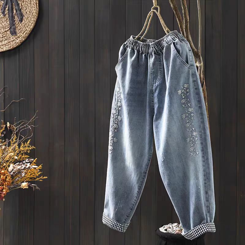 Spring New Embroidered Cotton Washed Soft Denim Harem Pants