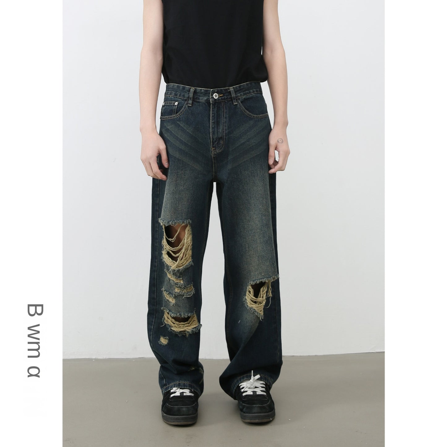 American High Street Retro Distressed Denim Trousers - Men's Straight Loose Wide-Leg Pants