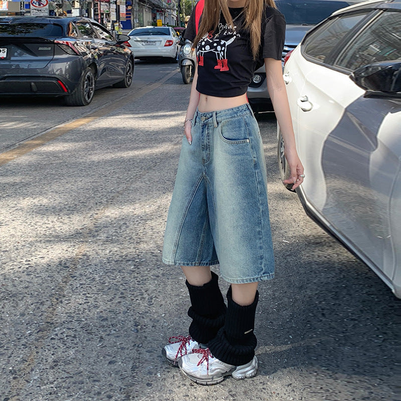 Women's Retro Washed Gradient High Waist Loose Slim Wide Leg Five-Point Shorts