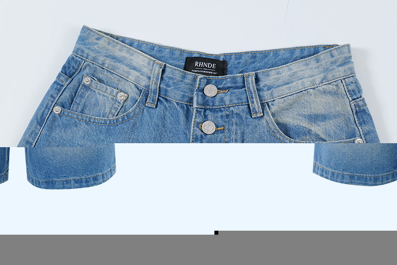 Washed and Worn Flight Button Open Denim Shorts