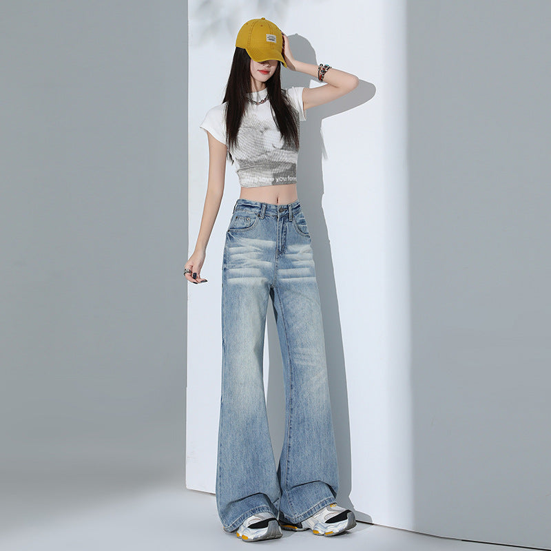 Women's Distressed Wide-Leg Flared Denim Pants - High-Waisted Floor-Length Trousers