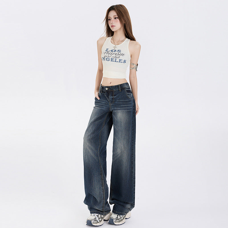 Women's Low Waist Straight Leg Jeans - Summer Water Washed Wide Leg Pants