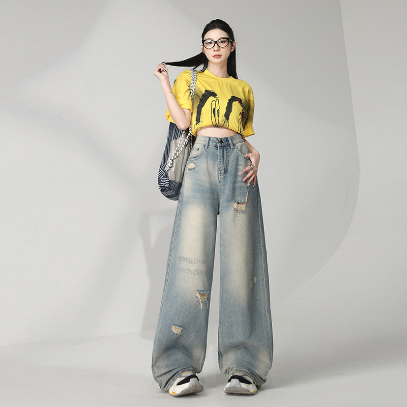 Retro Distressed Washed Ripped Jeans for Women - Loose High Waist Slim Wide Leg Floor-Length Pants