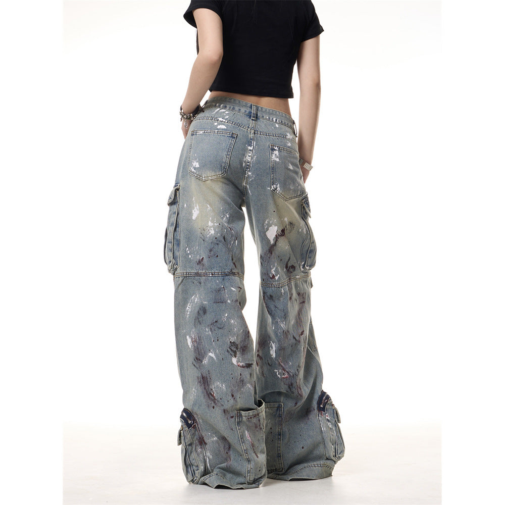 Retro Graffiti Multi Pocket Wide Leg Jeans