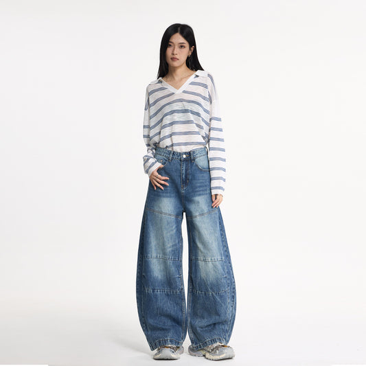 Washed Cracked Knife-Edge Denim Pants for Women - Loose Casual Wide-Leg Design