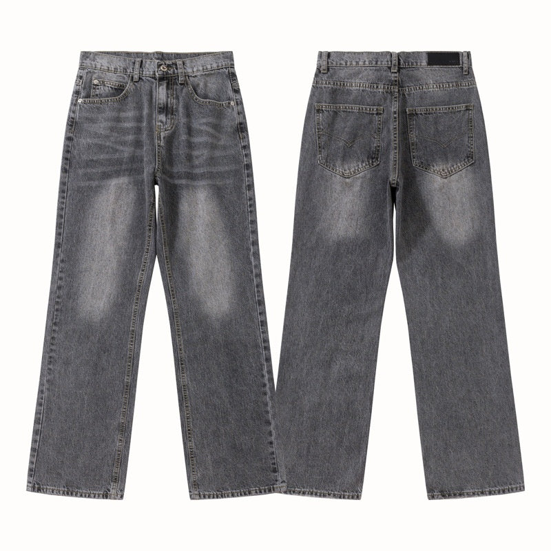 Retro Washed Vintage Smoky Gray Denim Pants - Unisex Trendy Loose Straight Leg All-Match Long Pants
