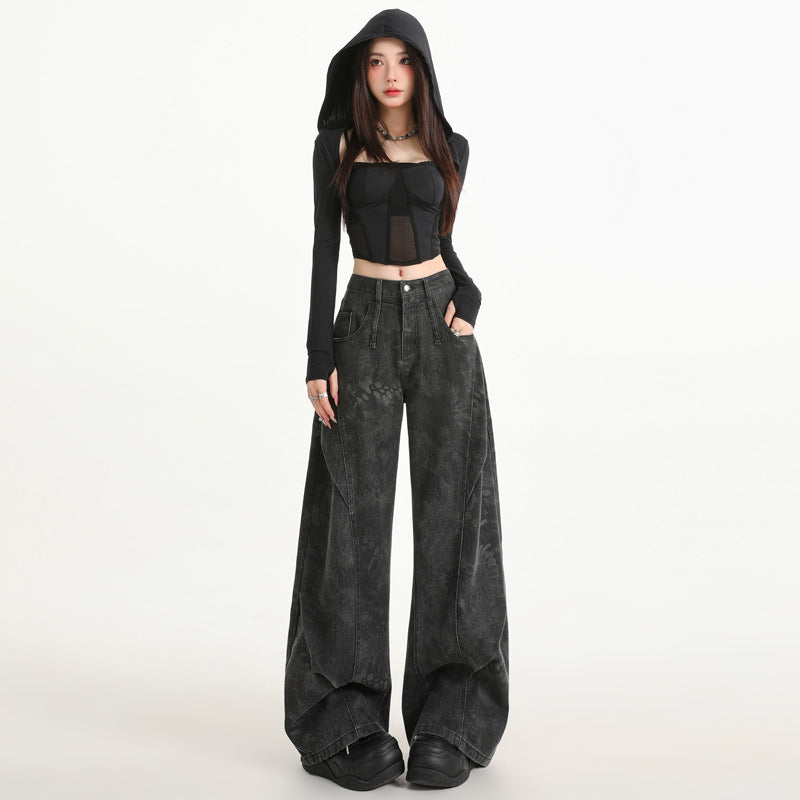 Black Gray Wide-Leg Jeans for Women - High-Waist Straight Loose Design with Unique Print