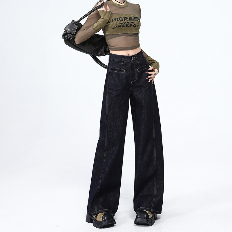 Dark Blue Wide-Leg Jeans for Women - High-Waist Tencel Loose Drape Pants