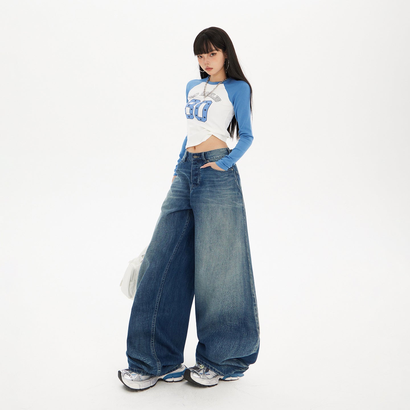 Women's Blue Knife-Leg Jeans - Gradient High-Waist Loose Wide-Leg Pants