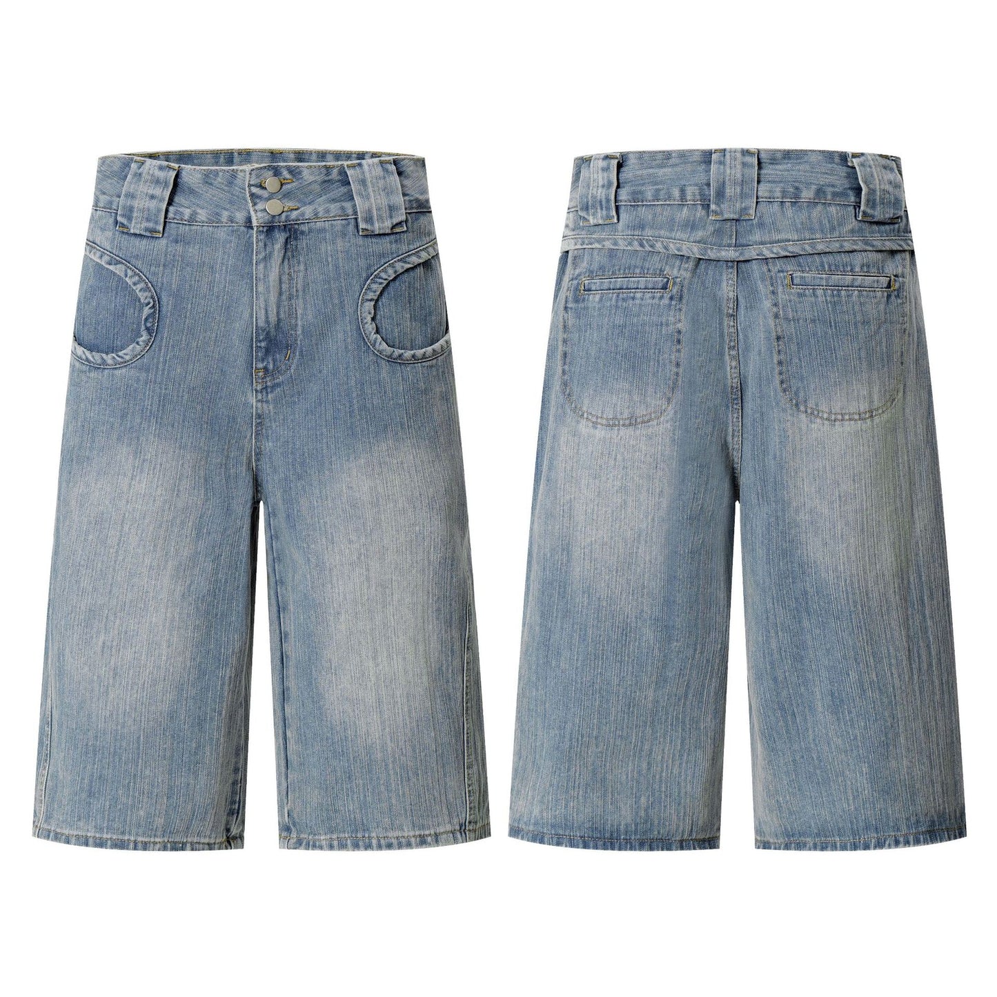 Street Style Washed Vintage Denim Shorts with Unique Pocket Design