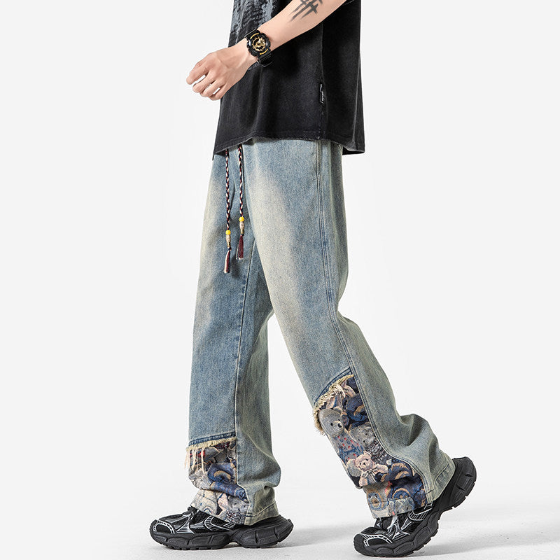 Bear Spliced Denim Pants - Men's Rugged Workwear Straight Leg Trousers