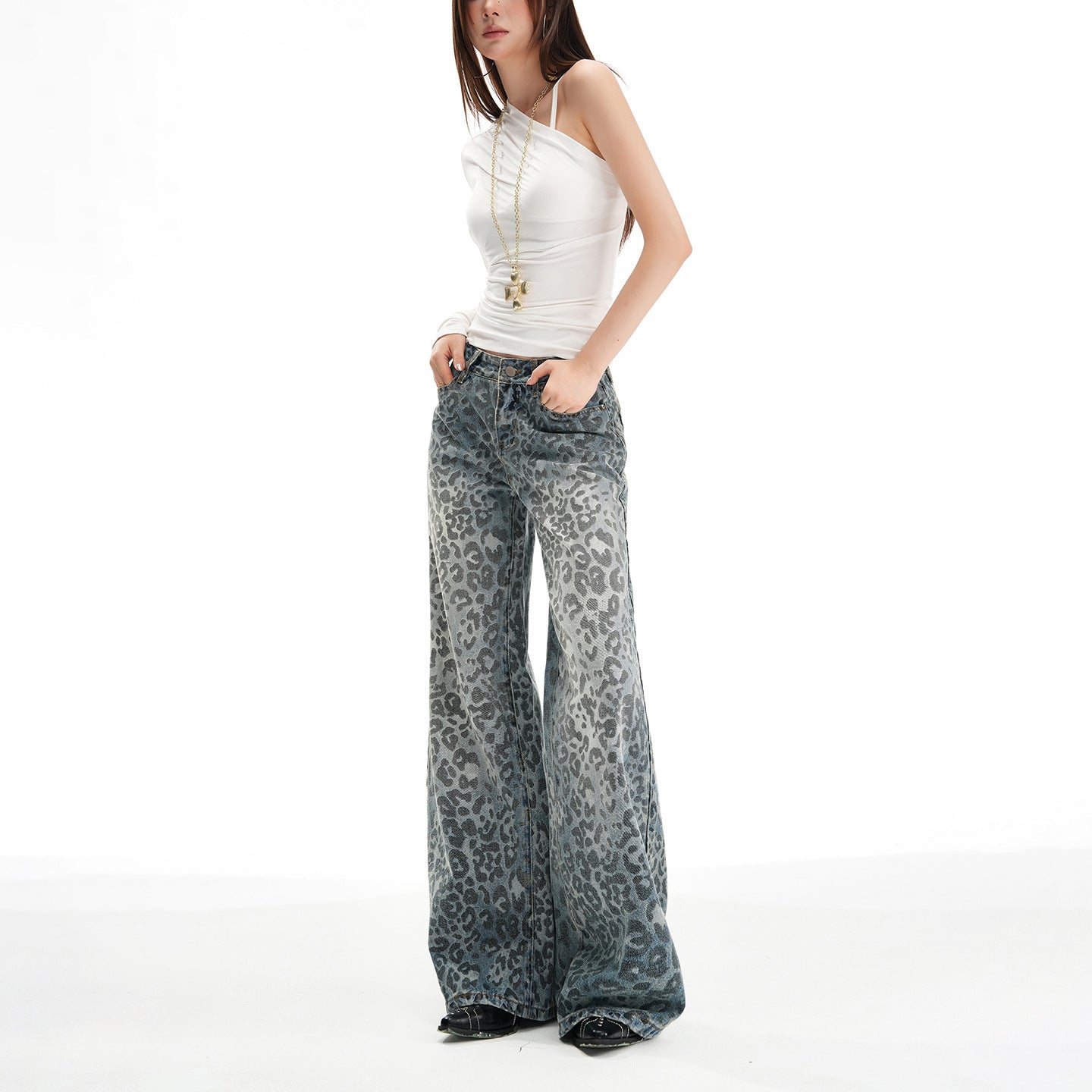 Women's Leopard Print Wide Leg Jeans - Casual Loose Fit Trousers